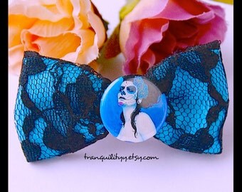 Sugar Skull Hair Bow, Detachable Button, Day Of The Dead Lace Hair Bow, Gothic, Hipster, Scene, Lolita By: Tranquilityy