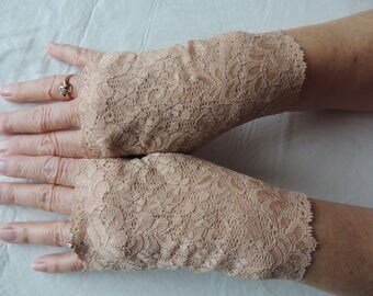 Flesh Color Lace Fingerless Gloves, Skin Tone Bridesmaid Gloves, (Item #8) Tan Victorian Glove, Wedding Glove, Prom Glove, Nude Formal Glove