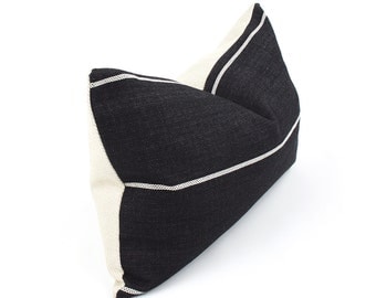 Black Lumbar Pillow Cover with Cream Stripes, Choose Your Size, Woven Pillow, Black and White Pillow, Black Throw Pillow, Streamline