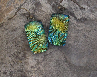 Blue Gold Earrings Fused Dichroic Glass Yellow Earrings