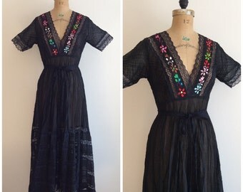 1950s Mexican Maxi Dress 50s Embroidered Lace Dress