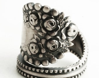 Silver Rose Ring, Floral Ring, Sterling Silver Spoon Ring, Vintage Victorian Rosebud Ring Gift Gorham Lancaster, Adjustable Ring Size (6356)