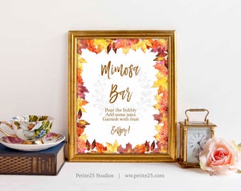 Autumn Leaves Shower sign, Mimosa Bar Sign, Orange Yellow Brown Maple leaves, Classic Elegant Wedding, Printable Digital