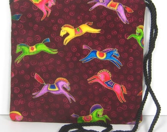 Colorful Prancing Horses on Laurel Burch Fabric, Caryn Crossbody Pouch