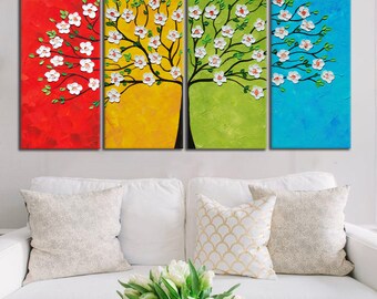 Four Seasons Tree Painting, Flowers Tree painting, Blossom Oil Painting, Modern Palette Knife, Tree Impasto painting Textured Tree Art