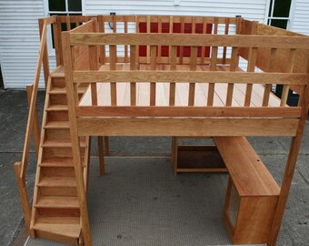 LcSwV01 - Solid Hardwood Loft Bed with stairs, walk beside mattres, desk, and shelves - natural color standard