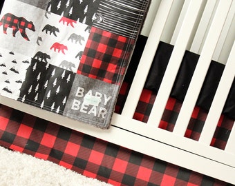 Baby Bear Woodlands Crib Bedding, Red Plaid Crib Skirt, Black Fitted Sheet, Trees, Lumberjack Baby Bedding, Nursery Bedding Set