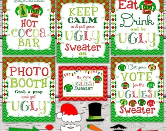 Ugly Christmas Sweater Party Signs. Ugly Christmas Sweater Photo Props. Ugly Christmas Sweater voting cards. Christmas Party decorations