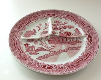 RED Willow Divided Plate Grille Plate Grill plate Carr China 9 1/2" Plate Red Transferware St. Louis Carr China Cafeteria Restaurant ware