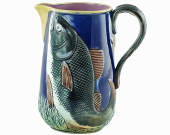 Antique Majolica Leaping Fish Pitcher with Pink Interior and Figural Fish Handle