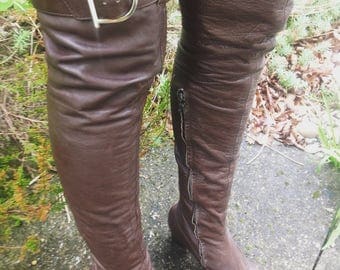 Original VERY RARE 60s 70s dark brown soft leather OTK thigh high over knee psych gogo buckle boots uk 4 37