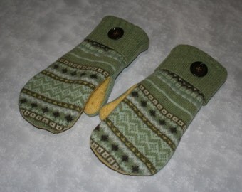 Upcycled Wool Mittens fleece lined from Recycled Wool Sweaters Fairisle Mint Green and Yellow Felted Wool Sweater Mittens-Womens Accessories