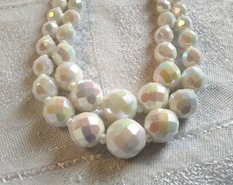 Vintage 50s Double Strand, White AB, Faceted Glass Bead Necklace.
