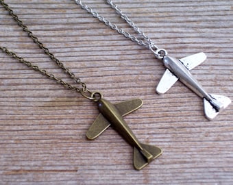 Airplane Necklace, Antiqued Silver or Antiqued Brass Plane Pendant, Traveler Necklace, Choice of Color and Length, Matching Earrings