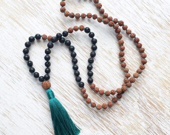 Black Lava Stone Mala Beads, Rudraksha Mala Necklace, 108 Mala Beads, Buddhist Jewelry, Turquoise Tassel Necklace, Rudraksha Necklace, Vegan