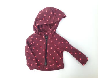 Polka dot hoodie, 18 inch doll clothes, doll jacket, maroon and pink, doll coat, zip up hoodie