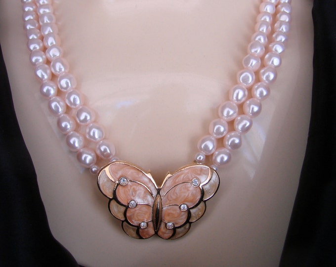 Kenneth J. Lane Avon Modernist Butterfly Rhinestone Pearl Statement Necklace / Papillon Collection / Vintage Jewelry