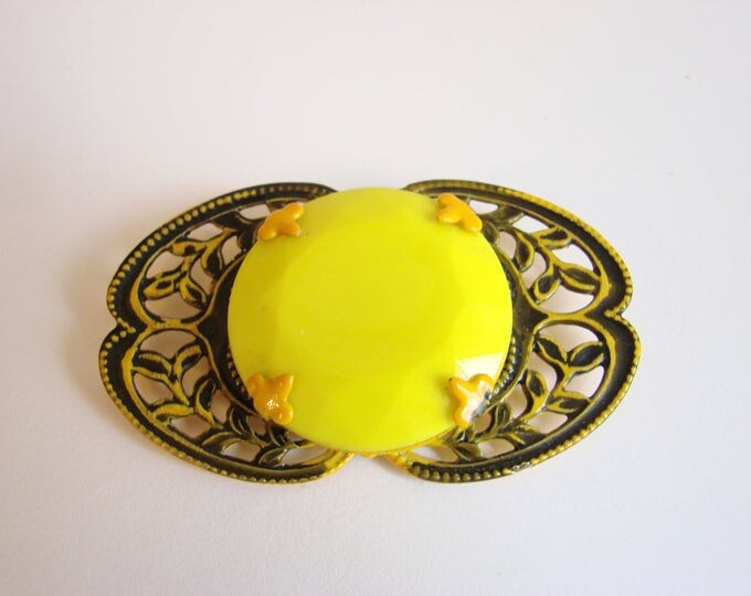 Art Deco Enamel Brooch / Yellow / Green / Large Faceted Cabochon Glass Stone / Jewelry / Jewellery