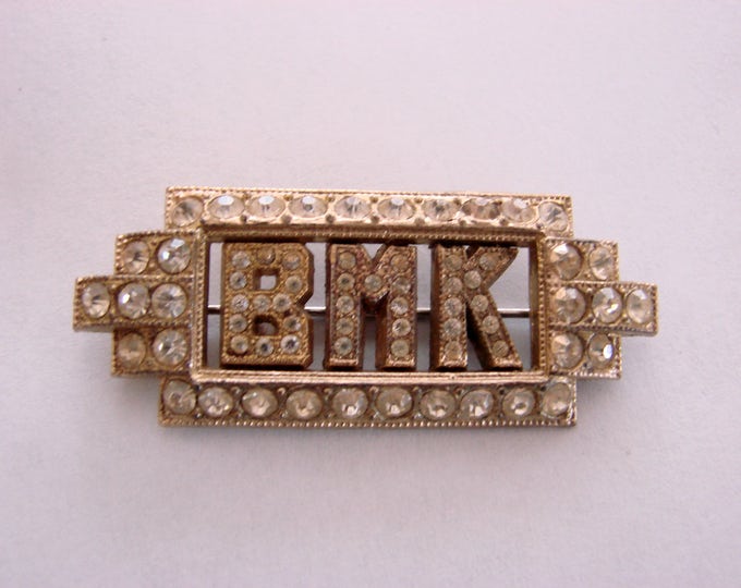 Art Deco Designer Signed GOODY Rhinestone Monogram BMK Brooch / Jewelry / Jewellery