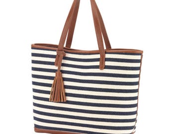 Navy Stripe Monogrammed Tote Bag