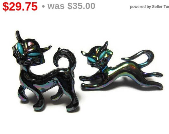 SALE Iridescent black cat brooch pair, pair of kitty kitten opalescent scatter pins, brooches with turquoise colored eyes, Siamese if you...