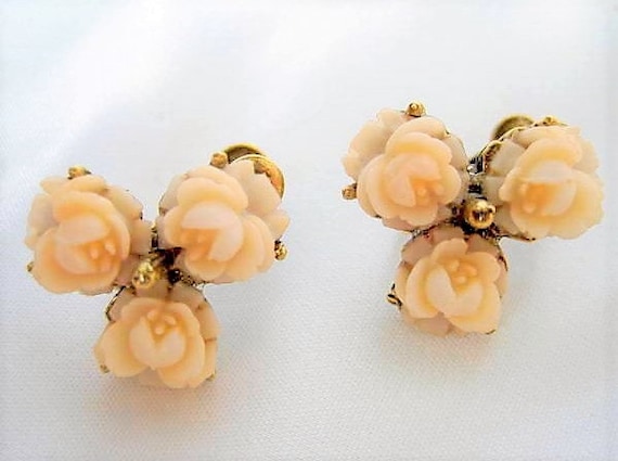 White Rose Earrings - Celluloid Roses - Adjustable Clip Ons