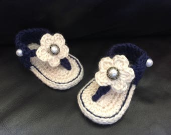 Crocheted Baby Girl Sandals (Navy & Cream)