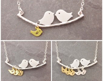 Mom Necklace, 1-10 kids, initial necklace, mothers day, twins, love birds necklace, gifts for mom, mother daughter, personalized, N1