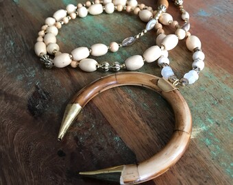 squash blossom necklace / double horn necklace / creacent necklace / beaded boho necklace