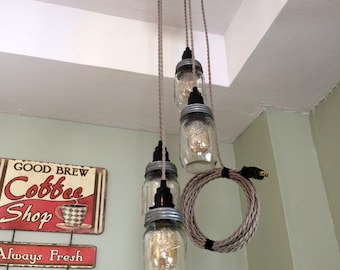 Jar Chandelier Swag Light - Clear Pint Jars, Black Canopy, Sand Cord -Hanging Pendant Lights - Plug in!  No Hard Wiring!!  Jar Lighting