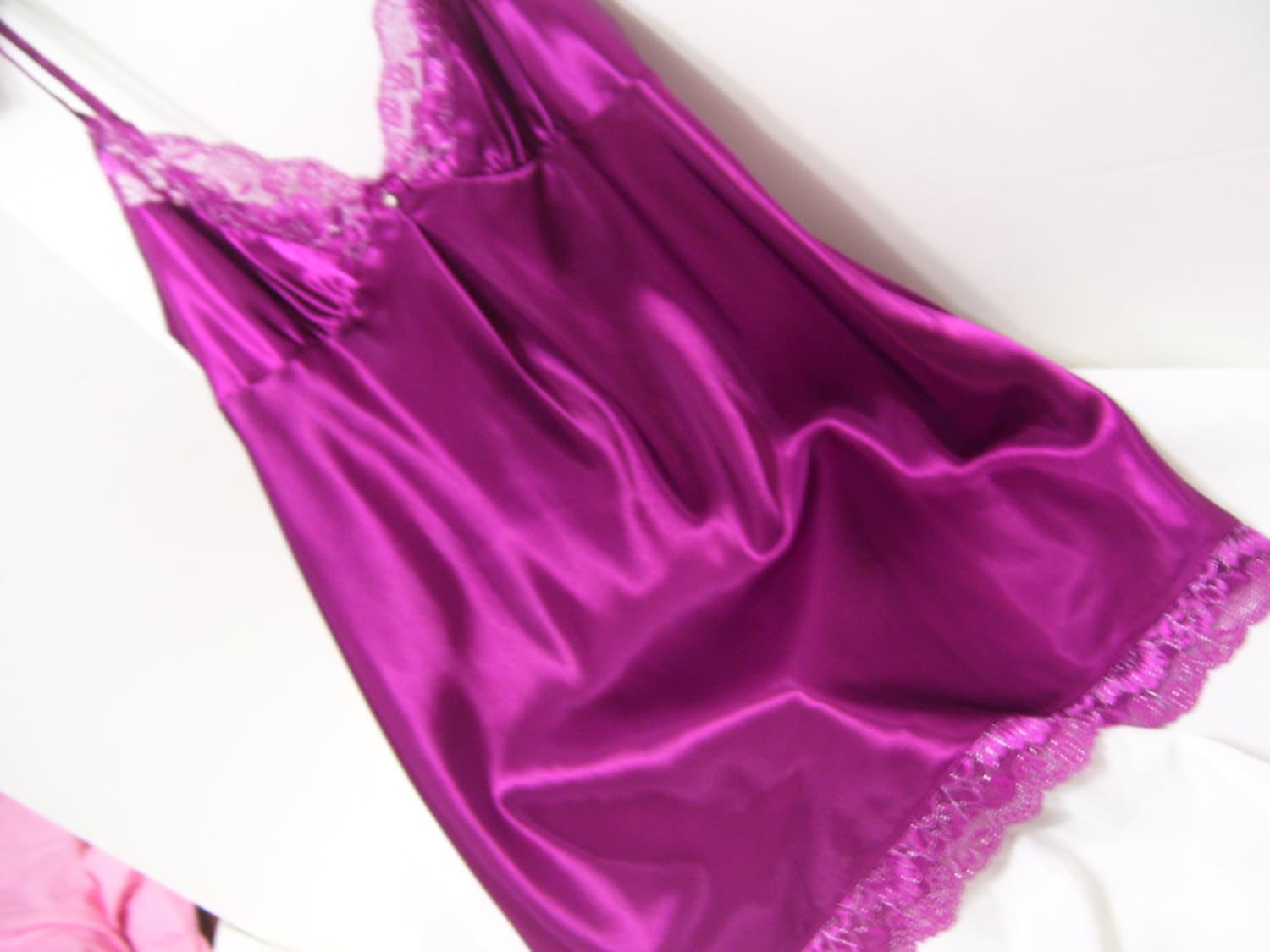 Night Gown Chemise Liquid Satin Raspberry Rose Pink Lace 3273