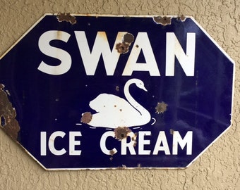 Vintage Double Sided Porcelain Swan Ice Cream Sign, Swan Ice Cream Saginaw Michigan Advertising Sign
