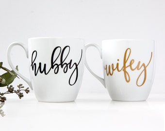 Hubby Wifey Mug Set, Personalized Mug, Gold Custom Coffee Mugs, Gifts for Her, Name Mug, Calligraphy Unique Coffee Mugs, Couple Gift