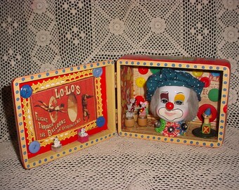 SEND In The CLOWN.... Mixed Media 3D Art Shadow Box DIORAMA Recycled Stuff Cigar Box Assemblage