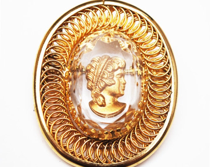 intaglio cameo Brooch - reversed Carved - Roman bust with Gold plated twisted Coil wire - Crystal pin