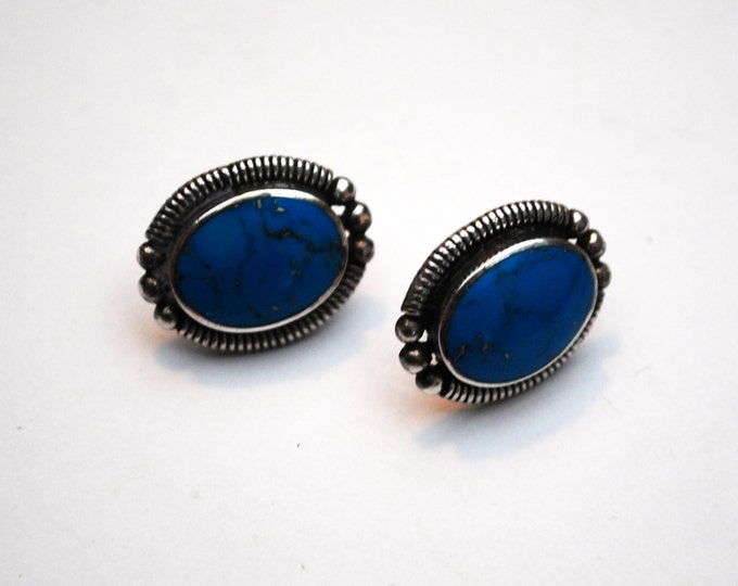 Turquoise Earrings - Sterling Silver - oval blue gemstone - Southwestern - NativeAmerican -Pierced Stud earring