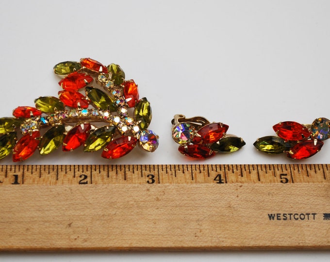 Rhinestone brooch earring set - Orange Green Crystal - Aurora Borealis - Clip on earring