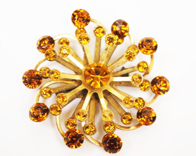 Atomic Brooch - Amber Rhinestones - gold tone setting - Mid-century orange crystal Pin