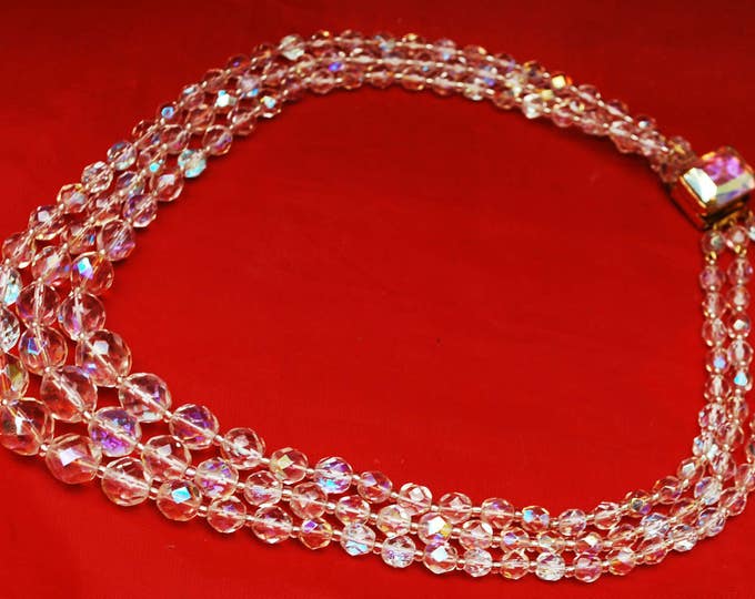 Crystal Bead Necklace - Graduated Triple multi strand - facet cut crystal glass beads - 17 inches - Aurora borealis