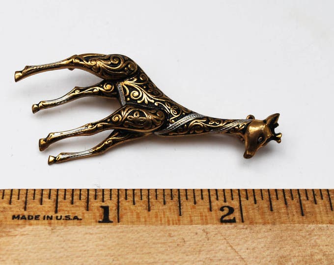 Damascene Giraffe Brooch - Signed Spain - Black Silver Gold - Enameling - Wild Animal Figurine Pin