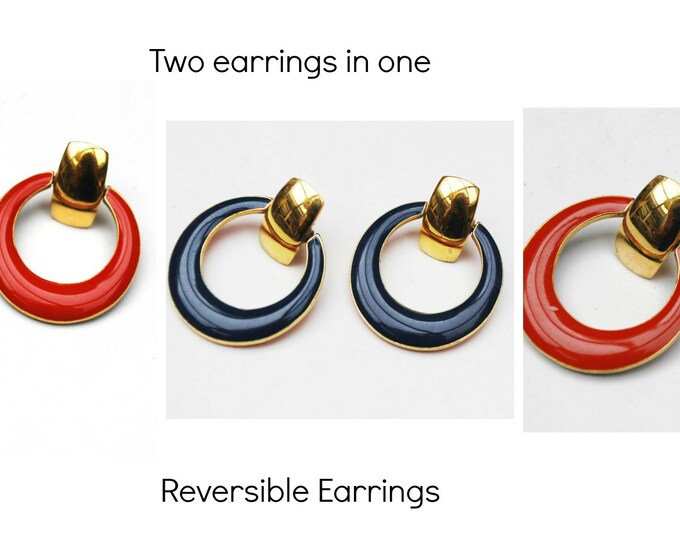 Reversible Hoop earrings - Red Blue Enamel -Gold Metal - pierced Earrings Two earrings in one