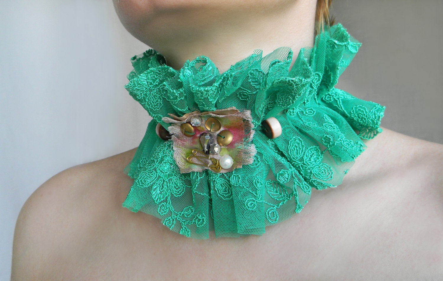 Mint green lace choker collar Ruffle high collar necklace Neck