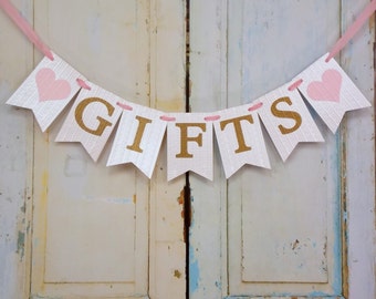 Gifts Banner with Hearts, Cream Pink and Gold Banner, Wedding Shower Banner, Baby Shower Banner, Bridal Shower Decoration, Wedding Decor