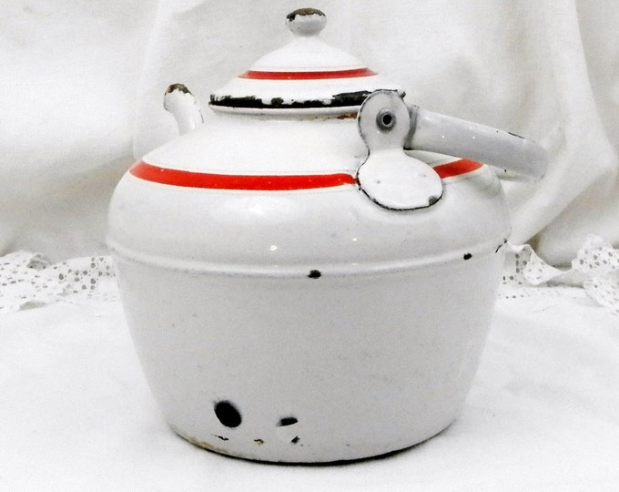 Rare Antique French Chippy Goose Neck Enamelware White and Red Kettle, French Country Decor, Vintage, Shabby, Cottage Kitchenware, Rustic