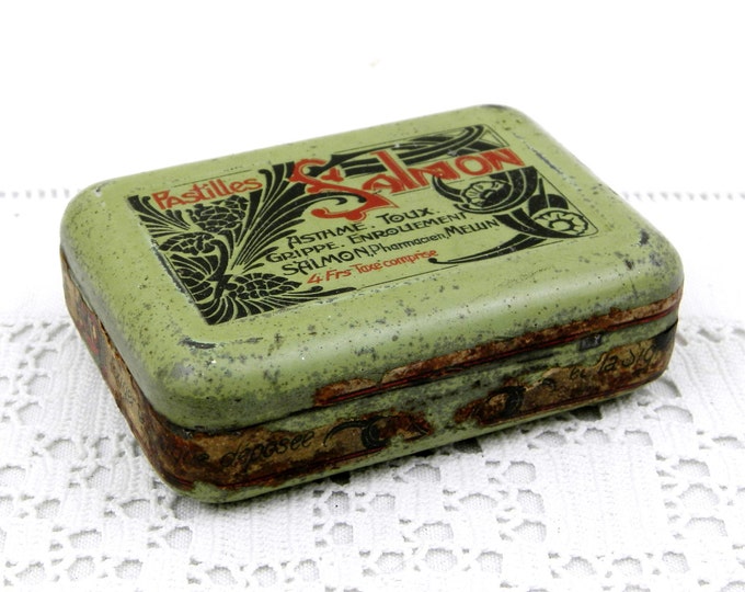 Antique French Pale Green Lithographed Art Nouveau "Pastilles Salmon" Medical Candy Metal Box, Apothecary Tin from France, Brocante Decor Antique French Pale Green Lithographed Art Nouveau "Pastilles Salmon" Medical Candy Metal Box, Apothecary Tin from France, Brocante Decor