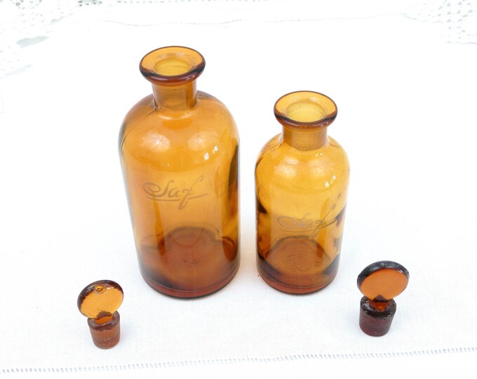2 Antique French Amber Glass Medicine Apothecary Bottle with Glass Stopper, French Country Decor, Chemist, Decor, Retro, Parisian, Home