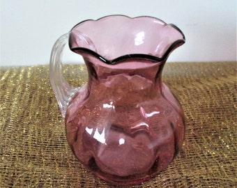 Cranberry Pilgrim Pitcher Optic Art Glass Pitcher Clear Reed Handle Pitcher Hand Blown Glass Pitcher Optic Cranberry Pilgrim Pitcher / Vase