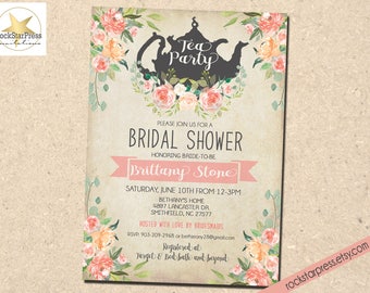 Tea Party Bridal Shower Invitation | Teapot, Watercolor, Flower, Shabby Chic Printable Invitation _1298