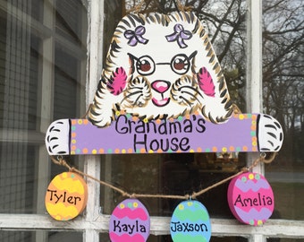 Personalized wood Easter bunny door hanger wall hanging