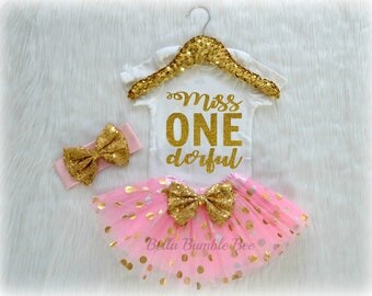 Baby Girl Miss One Derful, Wonferful Light Pink and Gold Onederful, Birthday Tutu Headband Set, Short and Long Sleeve Bodysuit Tshirt 267